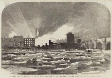 Das große Feuer am Bankside, am Freitagabend, 16. Februar 1855, skizziert vom Nordufer der Themse